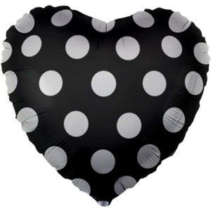 Фольгированный шар сердце Черное в белый горошек 46 см