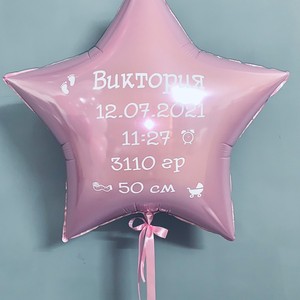 Фольгированный шар звезда розовая на выписку для девочки с индивидуальной надписью метрика 91 см